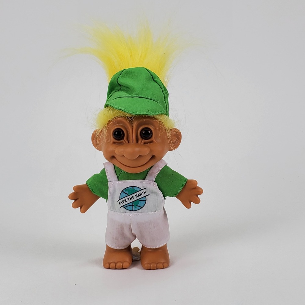 Russ Berrie Vintage Troll Doll Save the Earth Yellow Hair Green Hat 5 Inch